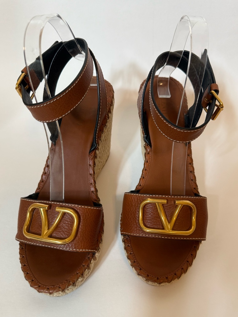 Valentino Garavani VLogo Espadrille Wedge Sandals Brown Leather Size 41